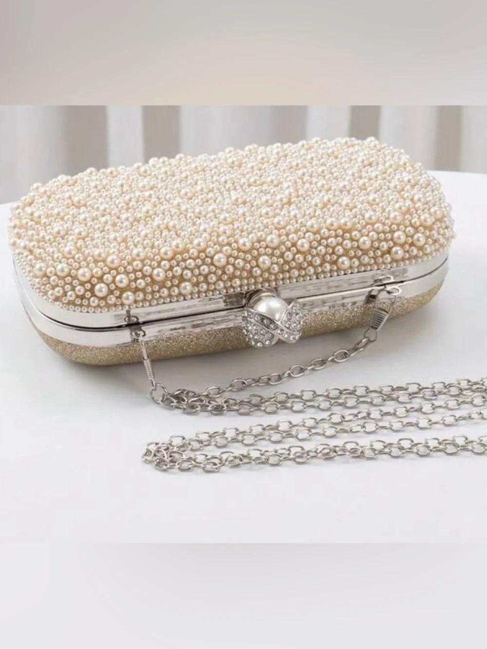 Pearl & Crystal Embellished Clutch - Apricot